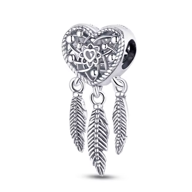 925 Heart Feather Charm