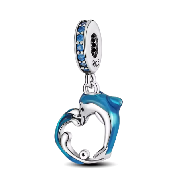 925 Kissing Dolphin Heart Charm